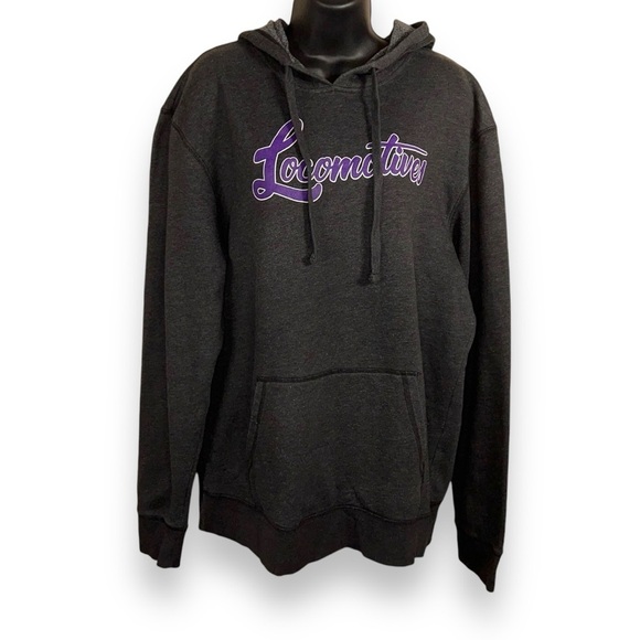 LARGE DARK GREY PURPLE LOCOMOTIVES HOODIE WOMENS PULLOVER HOODED - Picture 1 of 8